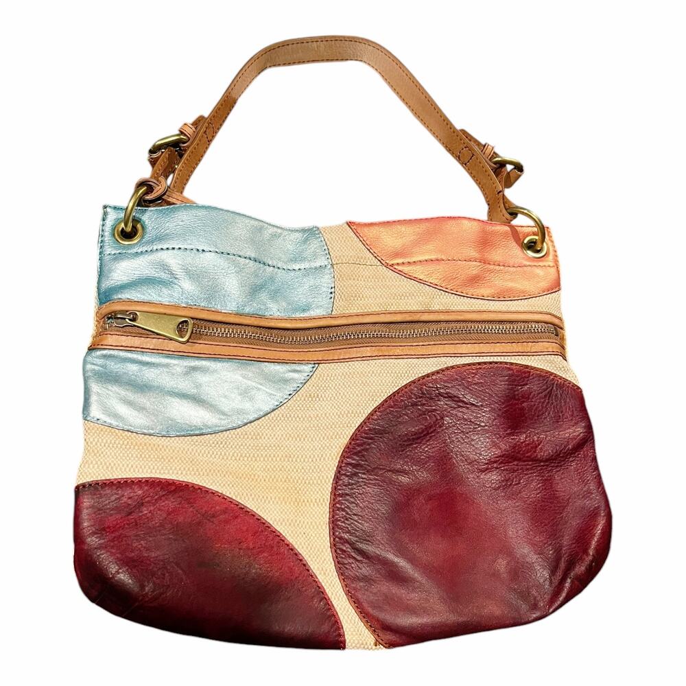 Vintage FOSSIL Leather Canvas Bag Patchwork Circles Crossbody Shoulder Logo Key